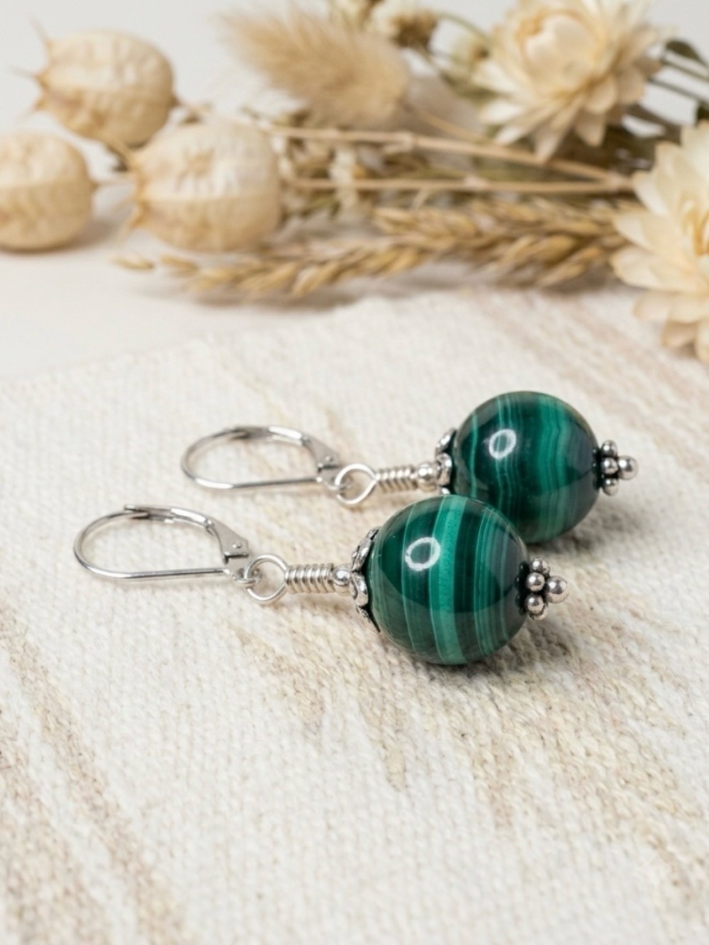 Artisan Genuine Malachite Leverback Earrings Sterling Silver Hand Cut NWT - Picture 11 of 11